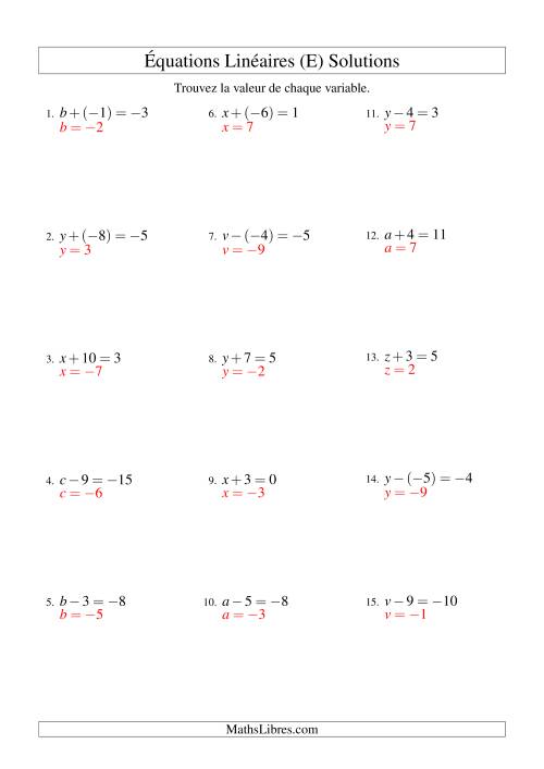 Résolution d'Équations Linéaires (Incluant Valeurs Négatives) -- Forme x ± b = c (E) page 2