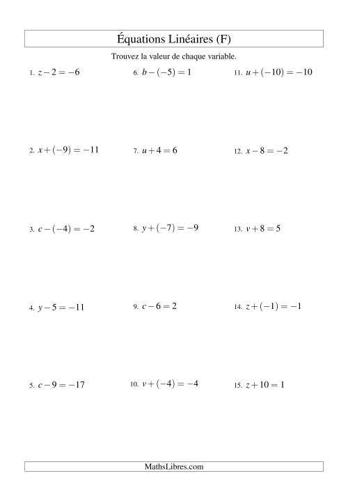 Résolution d'Équations Linéaires (Incluant Valeurs Négatives) -- Forme x ± b = c (F)