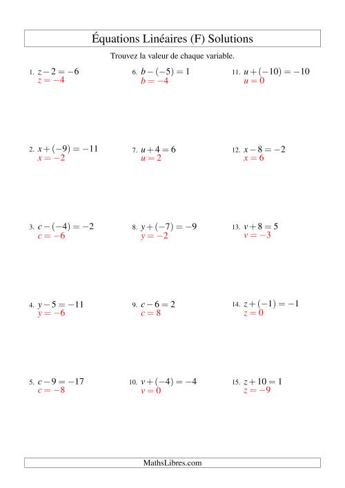 Résolution d'Équations Linéaires (Incluant Valeurs Négatives) -- Forme x ± b = c (F) page 2