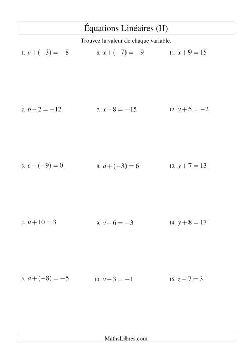 Résolution d'Équations Linéaires (Incluant Valeurs Négatives) -- Forme x ± b = c (H)