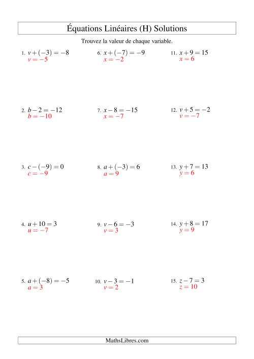 Résolution d'Équations Linéaires (Incluant Valeurs Négatives) -- Forme x ± b = c (H) page 2