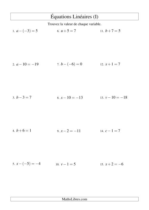 Résolution d'Équations Linéaires (Incluant Valeurs Négatives) -- Forme x ± b = c (I)