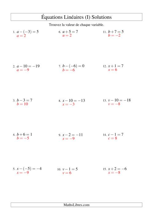 Résolution d'Équations Linéaires (Incluant Valeurs Négatives) -- Forme x ± b = c (I) page 2
