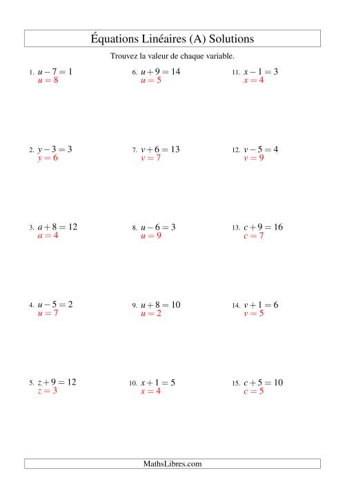Résolution d'Équations Linéaires -- Forme x ± b = c (Tout) page 2