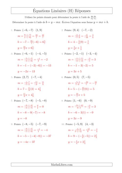Écrire une Équation Linéaire à Partir des Deux Points (H) page 2
