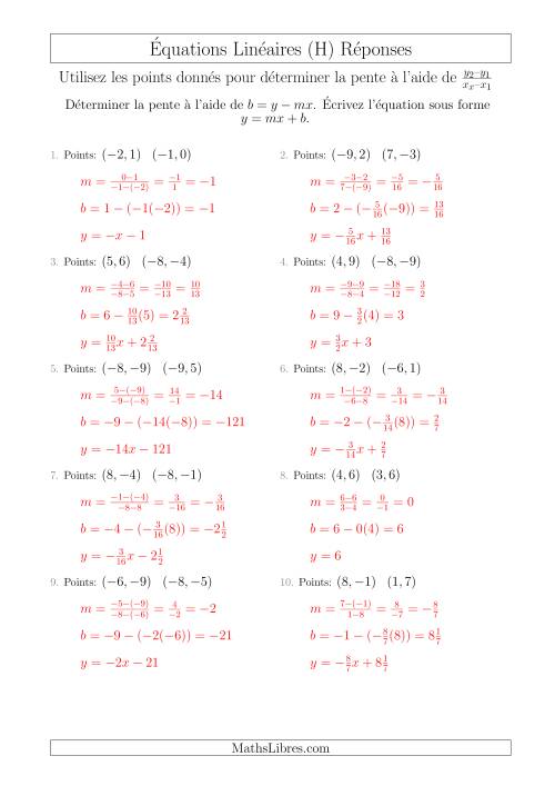 Écrire une Équation Linéaire à Partir des Deux Points (H) page 2
