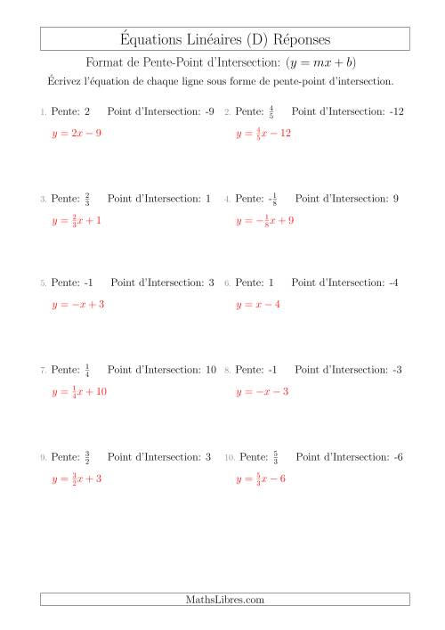 Écrire une Équation Linéaire à Partir d'une Pente et Point d'Intersection (D) page 2