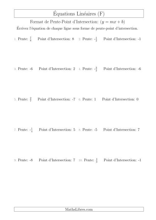 Écrire une Équation Linéaire à Partir d'une Pente et Point d'Intersection (F)