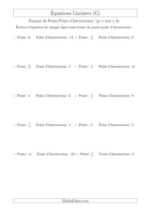 Écrire une Équation Linéaire à Partir d'une Pente et Point d'Intersection (G)
