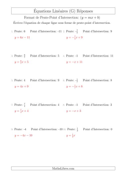 Écrire une Équation Linéaire à Partir d'une Pente et Point d'Intersection (G) page 2