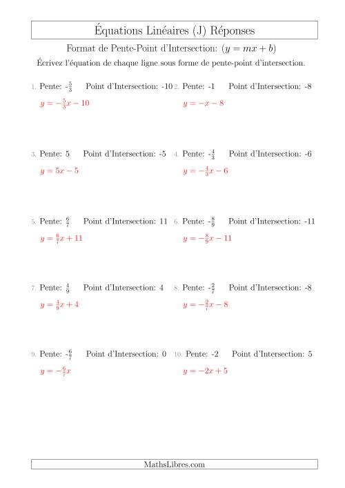 Écrire une Équation Linéaire à Partir d'une Pente et Point d'Intersection (J) page 2