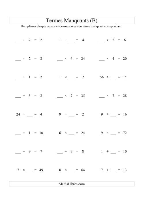 Équations avec Termes Manquants (Espaces Blancs) -- Toutes Opérations (Variation 1 à 9) (B)