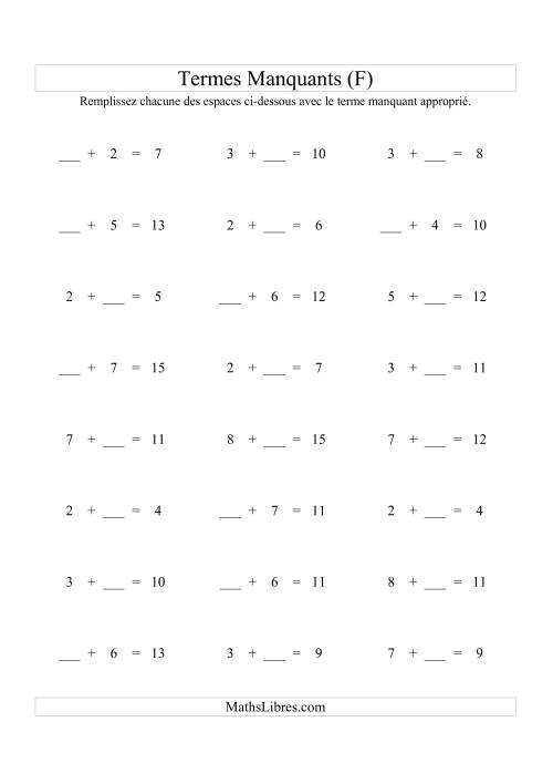 Équations avec Termes Manquants (Espaces Blancs) -- Addition (Variation 1 à 9) (F)