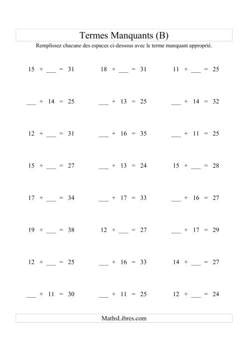Équations avec Termes Manquants (Espaces Blancs) -- Addition (Variation 1 à 20) (B)
