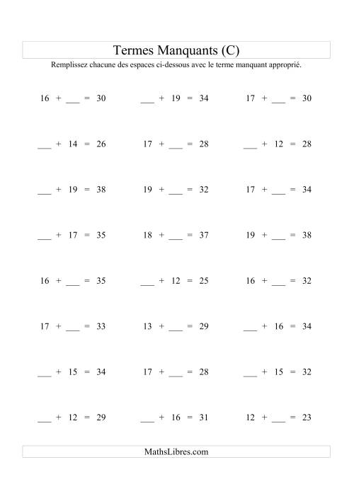 Équations avec Termes Manquants (Espaces Blancs) -- Addition (Variation 1 à 20) (C)