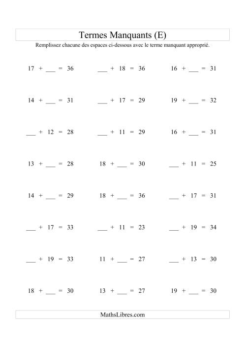 Équations avec Termes Manquants (Espaces Blancs) -- Addition (Variation 1 à 20) (E)