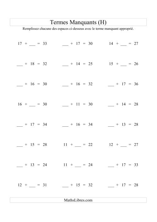 Équations avec Termes Manquants (Espaces Blancs) -- Addition (Variation 1 à 20) (H)