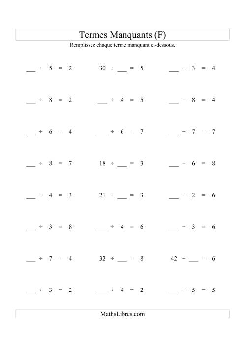 Équations avec Termes Manquants (Espaces Blancs) -- Division (Variation 1 à 9) (F)