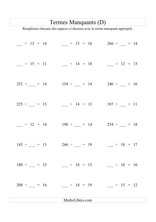 Équations avec Termes Manquants (Espaces Blancs) -- Division (Variation 1 à 20) (D)