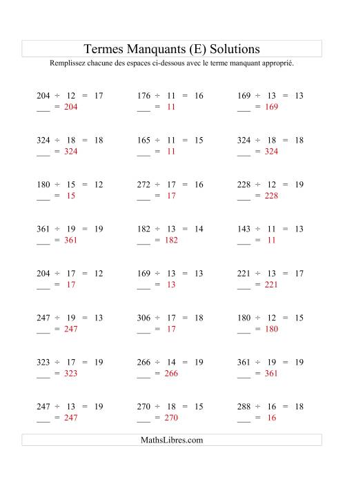 Équations avec Termes Manquants (Espaces Blancs) -- Division (Variation 1 à 20) (E) page 2