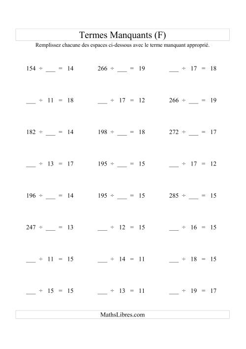 Équations avec Termes Manquants (Espaces Blancs) -- Division (Variation 1 à 20) (F)