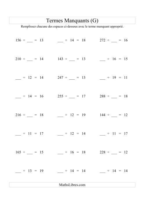 Équations avec Termes Manquants (Espaces Blancs) -- Division (Variation 1 à 20) (G)