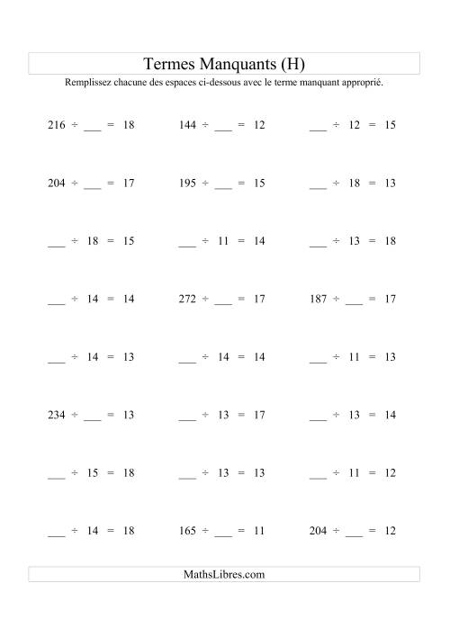 Équations avec Termes Manquants (Espaces Blancs) -- Division (Variation 1 à 20) (H)