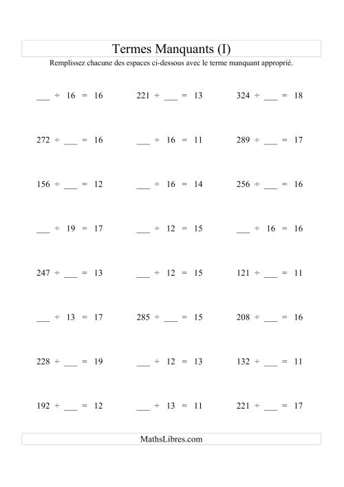 Équations avec Termes Manquants (Espaces Blancs) -- Division (Variation 1 à 20) (I)