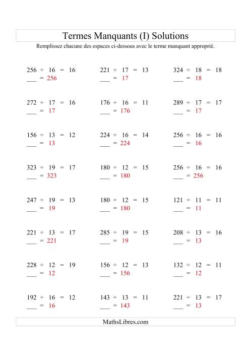 Équations avec Termes Manquants (Espaces Blancs) -- Division (Variation 1 à 20) (I) page 2