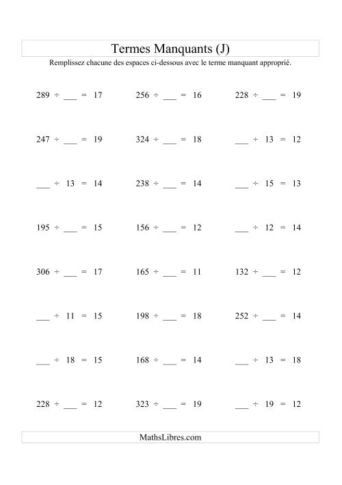 Équations avec Termes Manquants (Espaces Blancs) -- Division (Variation 1 à 20) (J)