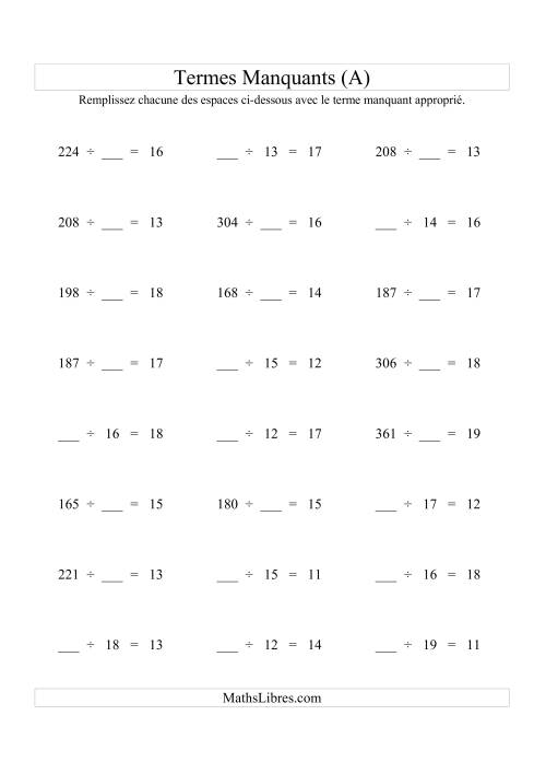 Équations avec Termes Manquants (Espaces Blancs) -- Division (Variation 1 à 20) (Tout)