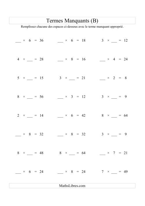 Équations avec Termes Manquants (Espaces Blancs) -- Multiplication (Variation 1 à 9) (B)