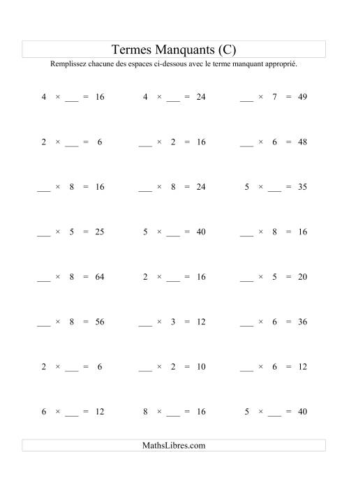 Équations avec Termes Manquants (Espaces Blancs) -- Multiplication (Variation 1 à 9) (C)