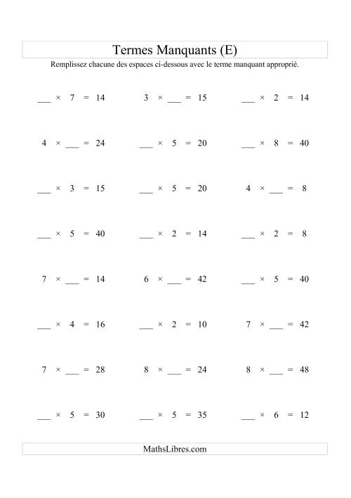 Équations avec Termes Manquants (Espaces Blancs) -- Multiplication (Variation 1 à 9) (E)