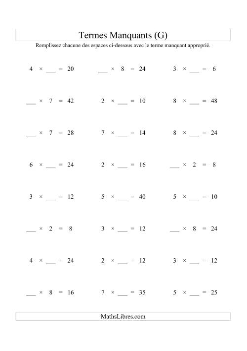 Équations avec Termes Manquants (Espaces Blancs) -- Multiplication (Variation 1 à 9) (G)