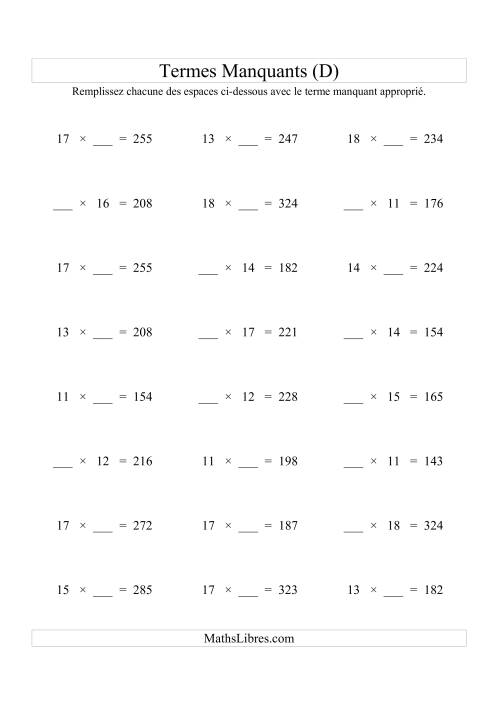 Équations avec Termes Manquants (Espaces Blancs) -- Multiplication (Variation 1 à 20) (D)