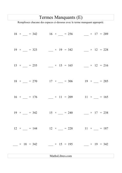 Équations avec Termes Manquants (Espaces Blancs) -- Multiplication (Variation 1 à 20) (E)