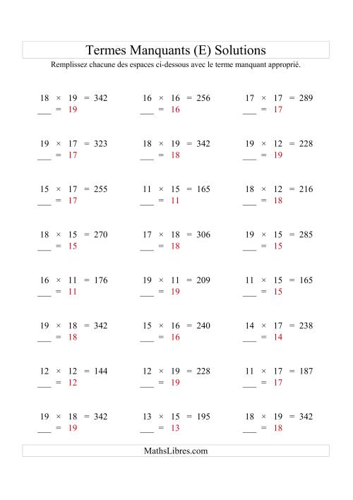 Équations avec Termes Manquants (Espaces Blancs) -- Multiplication (Variation 1 à 20) (E) page 2