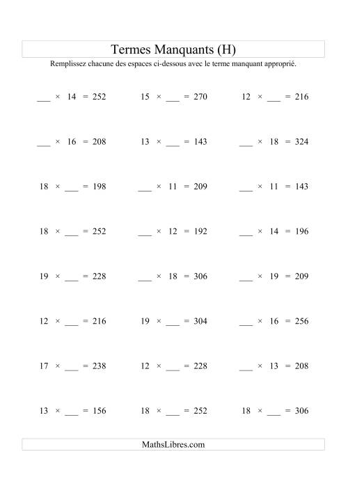 Équations avec Termes Manquants (Espaces Blancs) -- Multiplication (Variation 1 à 20) (H)