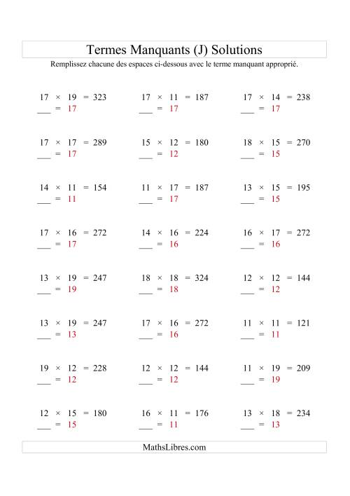 Équations avec Termes Manquants (Espaces Blancs) -- Multiplication (Variation 1 à 20) (J) page 2