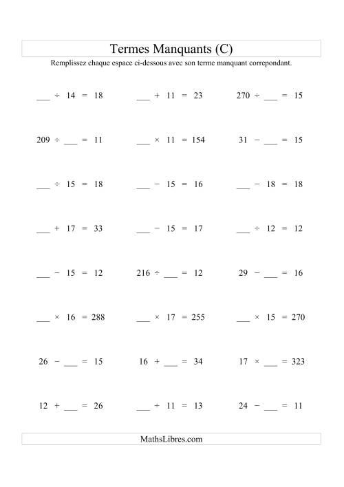 Équations avec Termes Manquants (Espaces Blancs) -- Toutes Opérations (Variation 1 à 20) (C)