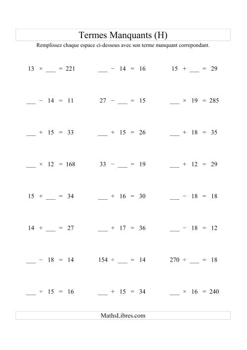 Équations avec Termes Manquants (Espaces Blancs) -- Toutes Opérations (Variation 1 à 20) (H)