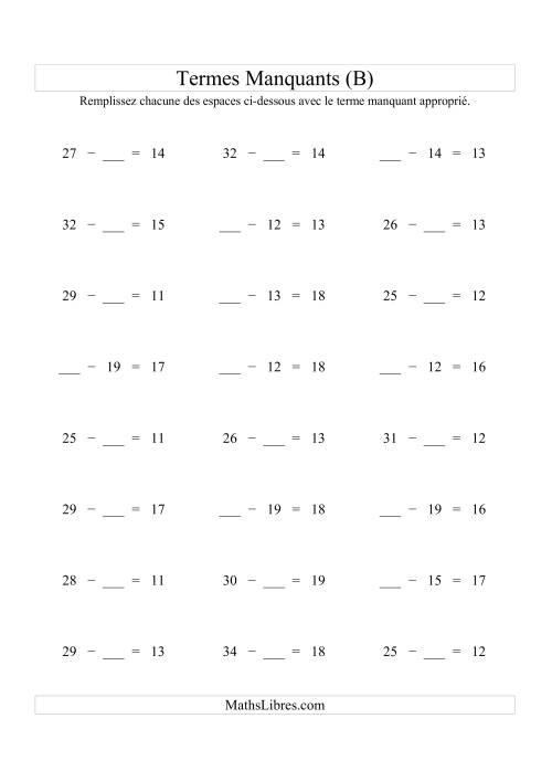 Équations avec Termes Manquants (Espaes Blancs) -- Soustraction (Variation 1 à 20) (B)