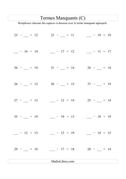 Équations avec Termes Manquants (Espaes Blancs) -- Soustraction (Variation 1 à 20) (C)