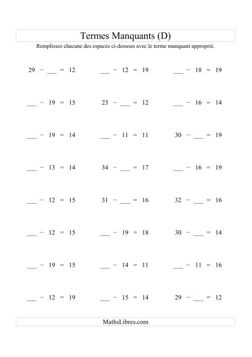 Équations avec Termes Manquants (Espaes Blancs) -- Soustraction (Variation 1 à 20) (D)