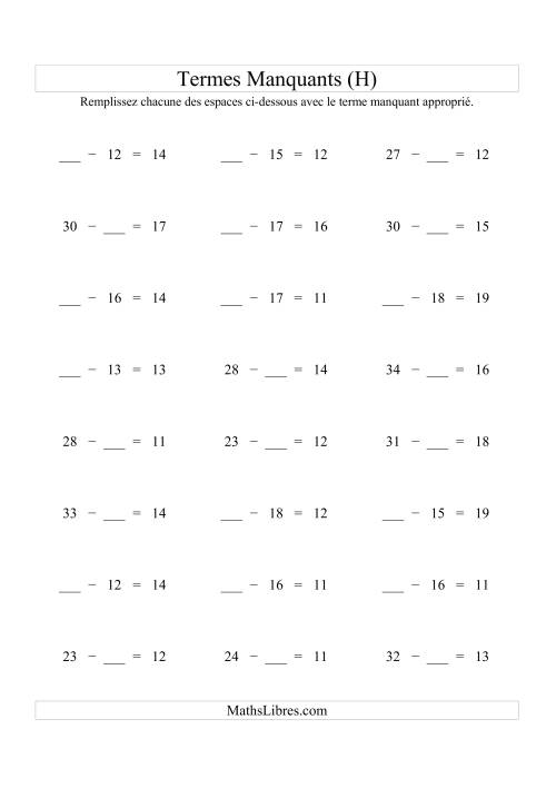 Équations avec Termes Manquants (Espaes Blancs) -- Soustraction (Variation 1 à 20) (H)