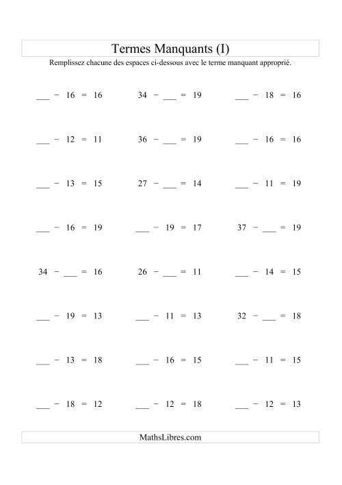 Équations avec Termes Manquants (Espaes Blancs) -- Soustraction (Variation 1 à 20) (I)