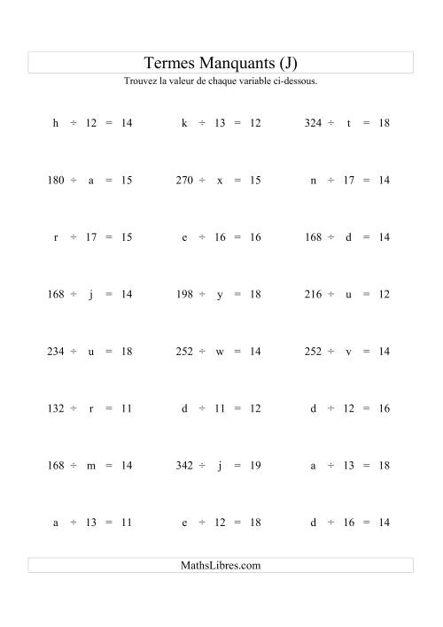 Équations avec Termes Manquants (Variables) -- Division (Variation 1 à 20) (J)