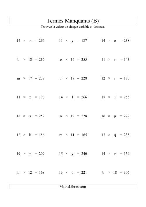 Équations avec Termes Manquants (Variables) -- Multiplication (Variation 1 à 20) (B)