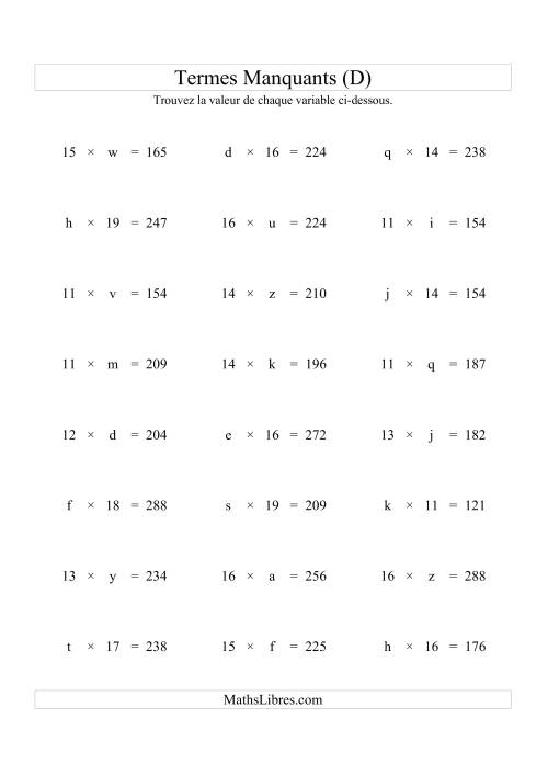 Équations avec Termes Manquants (Variables) -- Multiplication (Variation 1 à 20) (D)